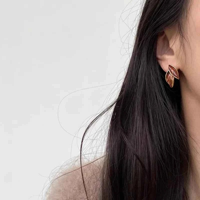 Golden Geometric Leaf Stud Earrings