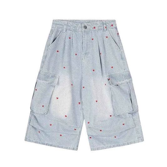 Chic Striped Heart Embroidery Cargo Jorts - Baggy Wide-Leg Denim Shorts