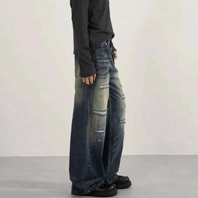 Patchwork Distressed Wide Leg Washing Denim Jeans
