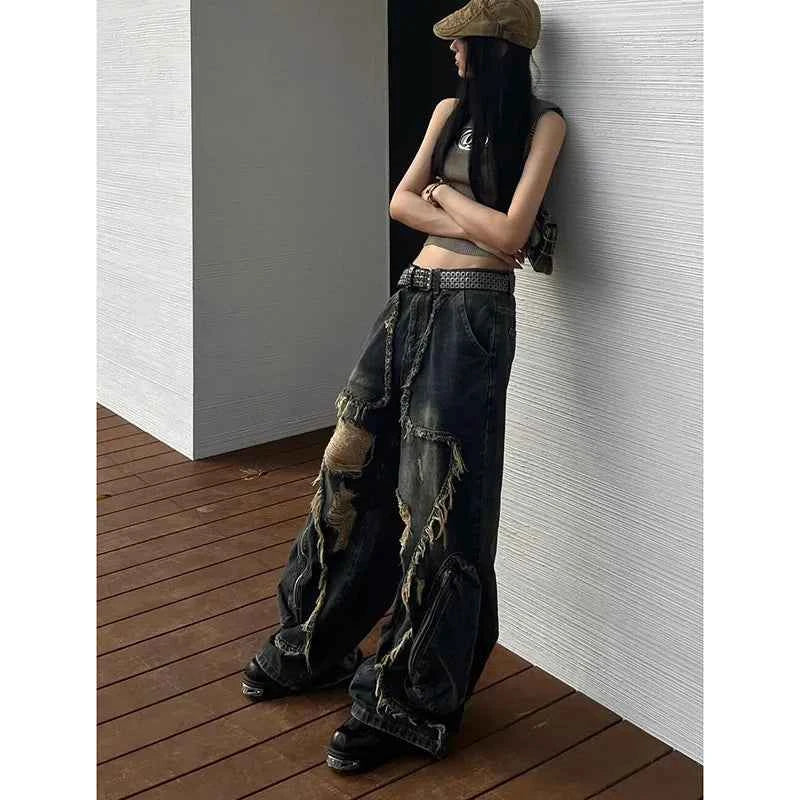Y2K Women Vintage Blue Gothic Cargo Denim Jeans