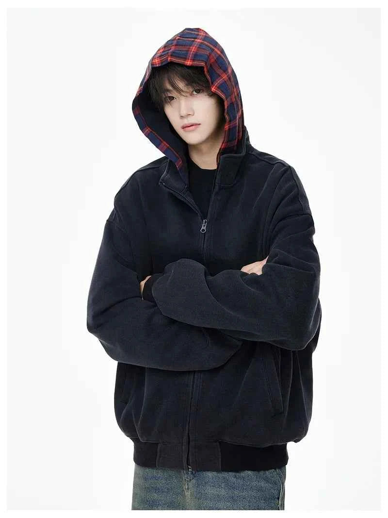 Vintage Streetwear Plaid Zipper Cool Hooded Sweatshirt