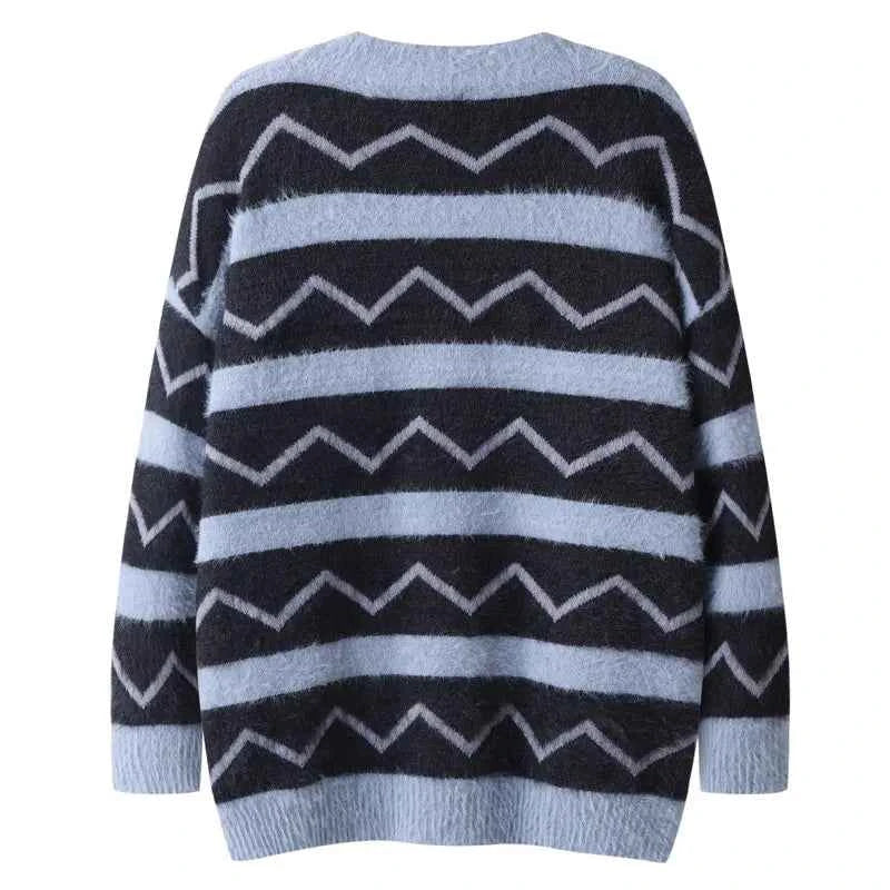 Women Retro V-Neck Collar Mohair Striped Cardigan