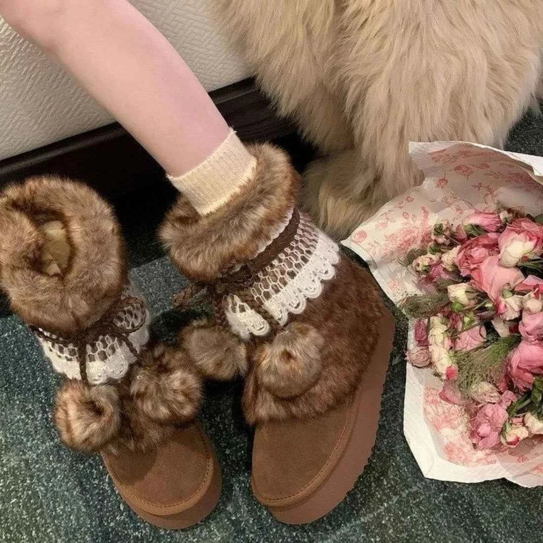 Winter Fluffy Faux Fur Snow Boots