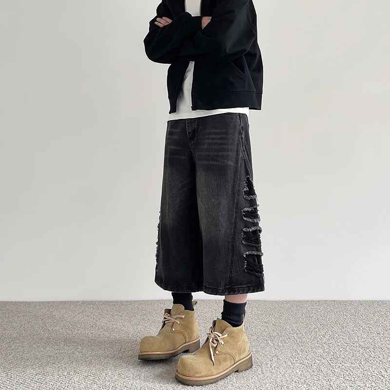 Vintage Aesthetic Black Ripped Loose Denim Jorts