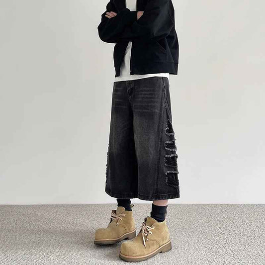 Vintage Aesthetic Black Ripped Loose Denim Jorts