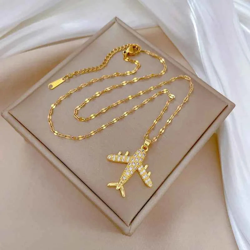 Golden Zircon Aircraft Pendant Necklace