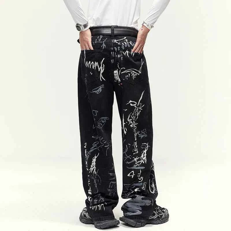 American Style Graffiti Print Loose Straight Jeans