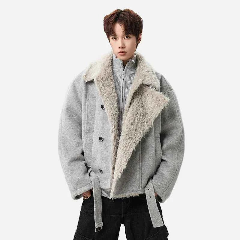 Soft Korean Faux Fur Patchwork Belt Jacket