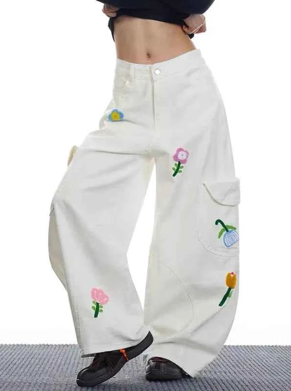 Y2K Versatile 2000s Style Red Floral Cargo Jeans