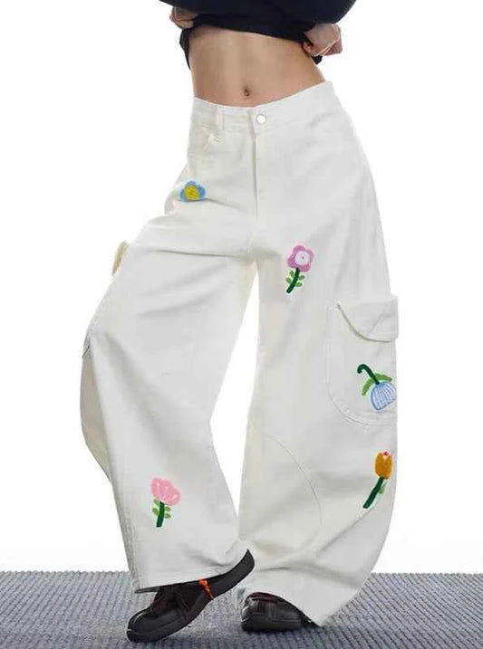 Y2K Versatile 2000s Style Red Floral Cargo Jeans