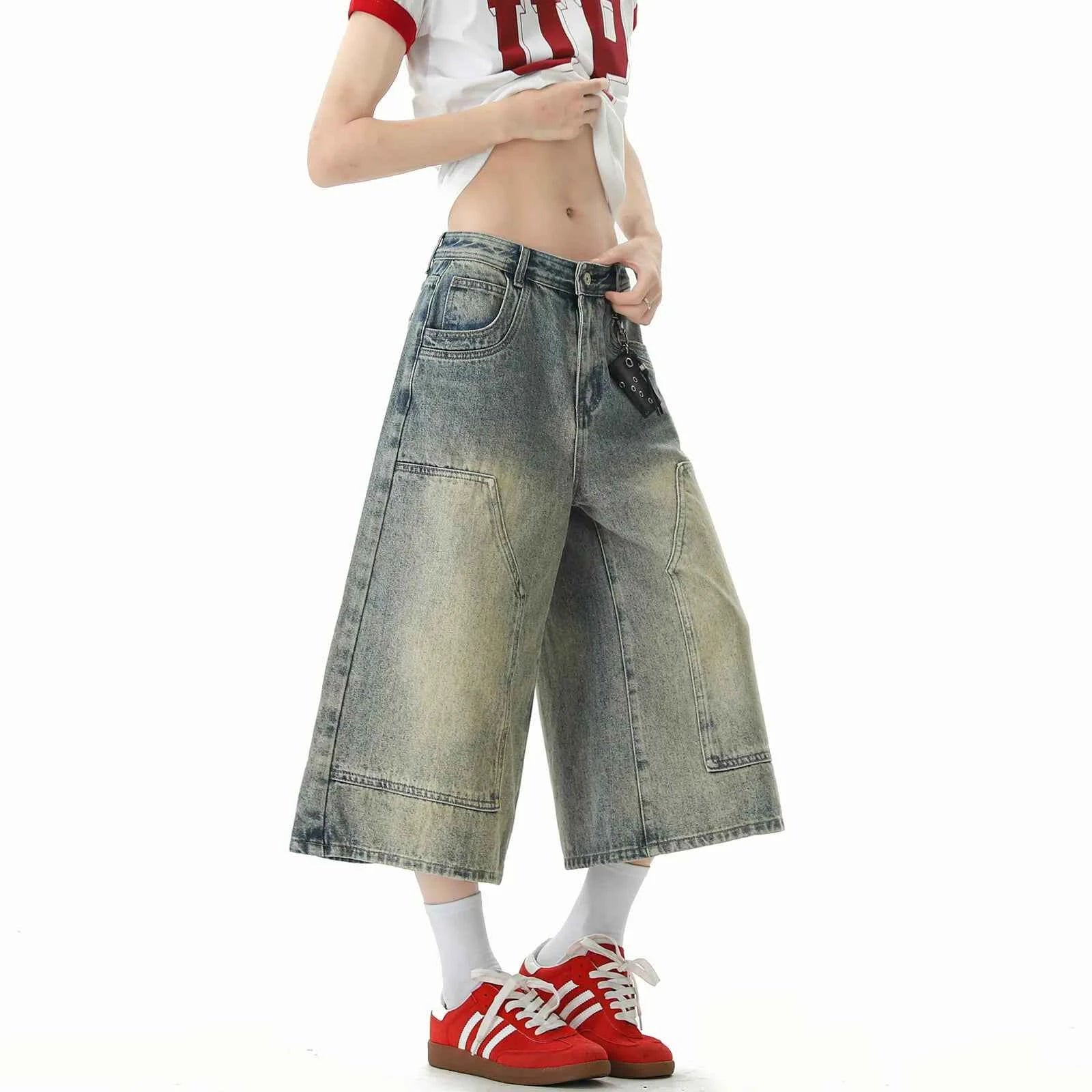 Streetwear Cool Patchwork Wide Leg Denim Jorts