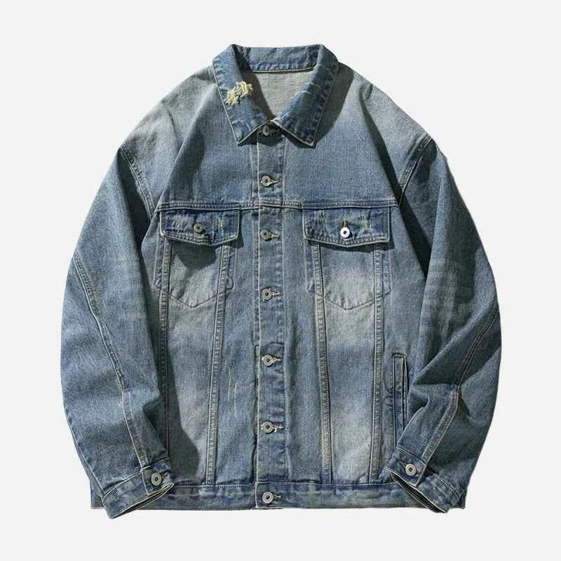 Damaged Neckline Loose Denim Jacket