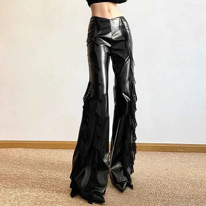 Faux Patchwork Mesh High Leather Pants