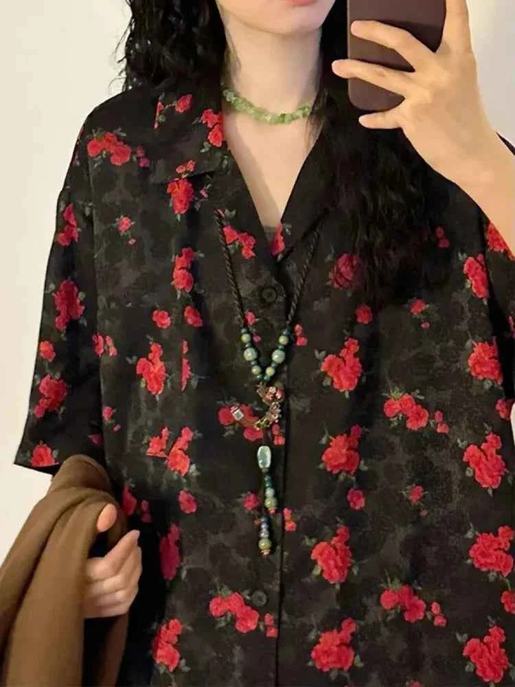 Women Vintage Japanes Style Flower Print Loose Blouse Shirt