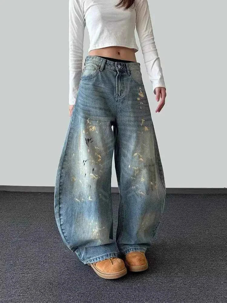 Women Vintage Blue Ink Paint Wide Jeans