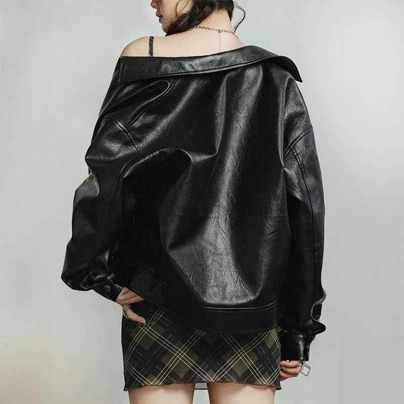 Women Retro Black Motorcycle Leather Jacket