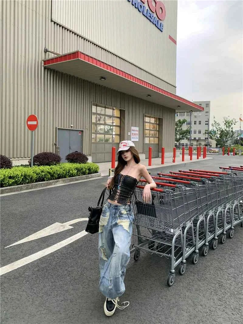 Breathable Comfort Vintage Ripped Wide Leg Jeans