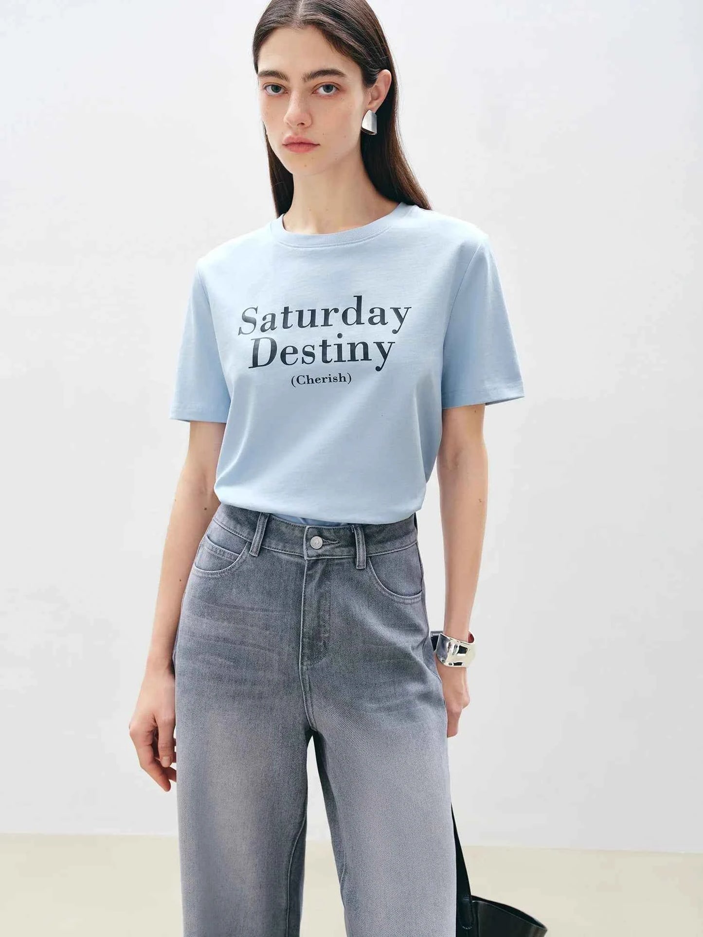 Women Cool Blue Printed Cotton Short-Sleeved T-Shirt