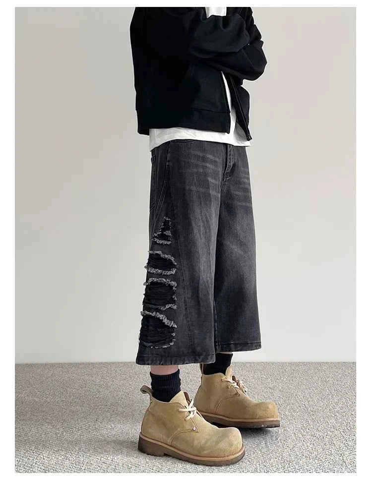 Vintage Aesthetic Black Ripped Loose Denim Jorts