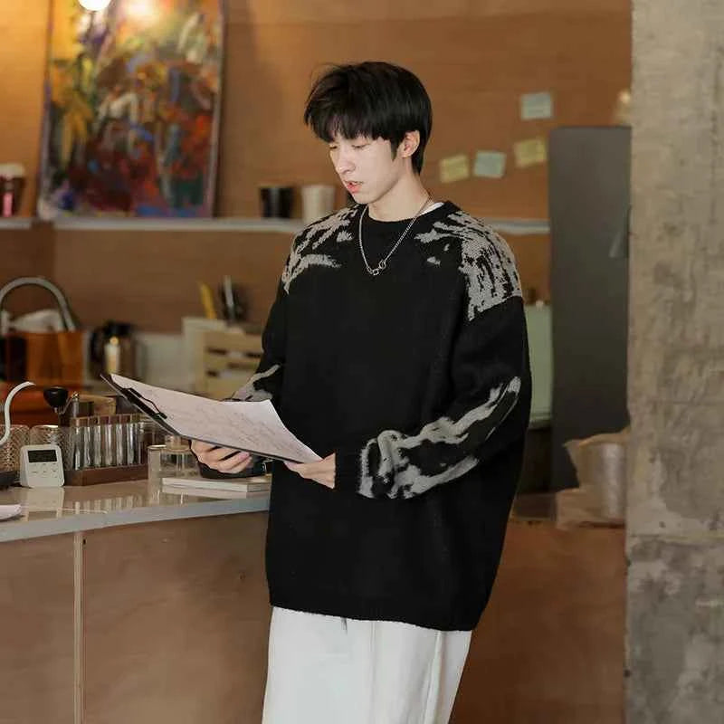 Men Retro Contrast Color Korean Style Sweater