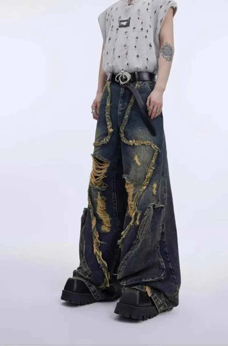 Y2K Streetwear Vintage Splicing Burr Edge Ripped Jeans
