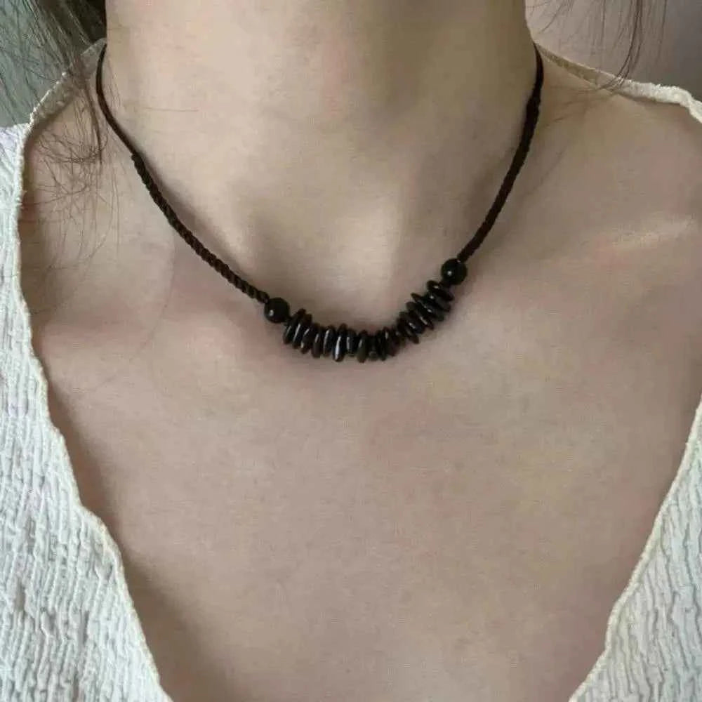 Black Stone Pendant Hand-Woven Rope Necklace