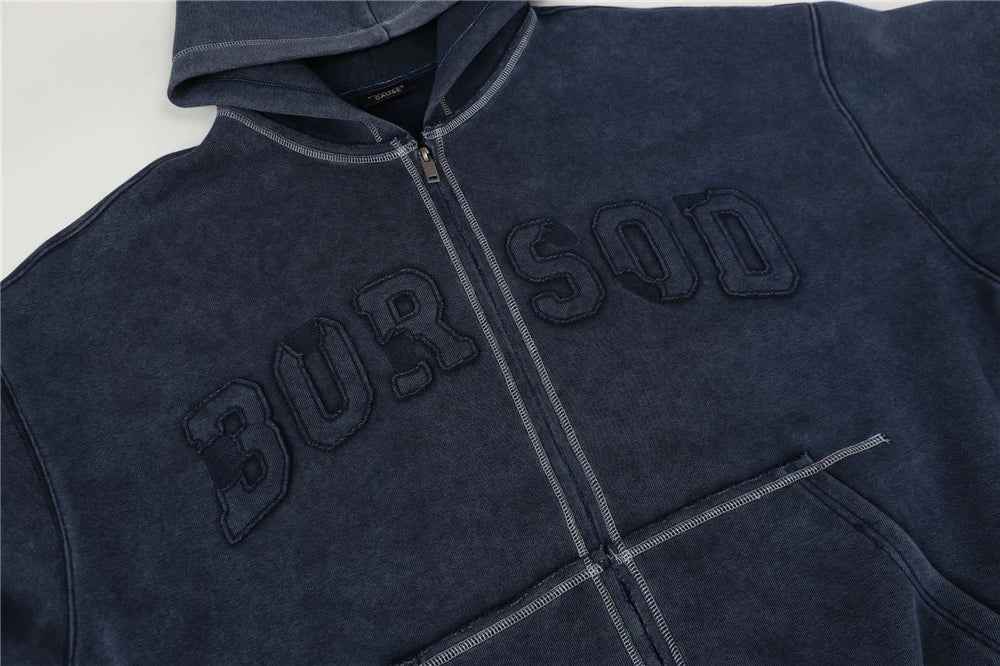 Washed Plush Embroidered Zip-Up Hooded Sweatshirt