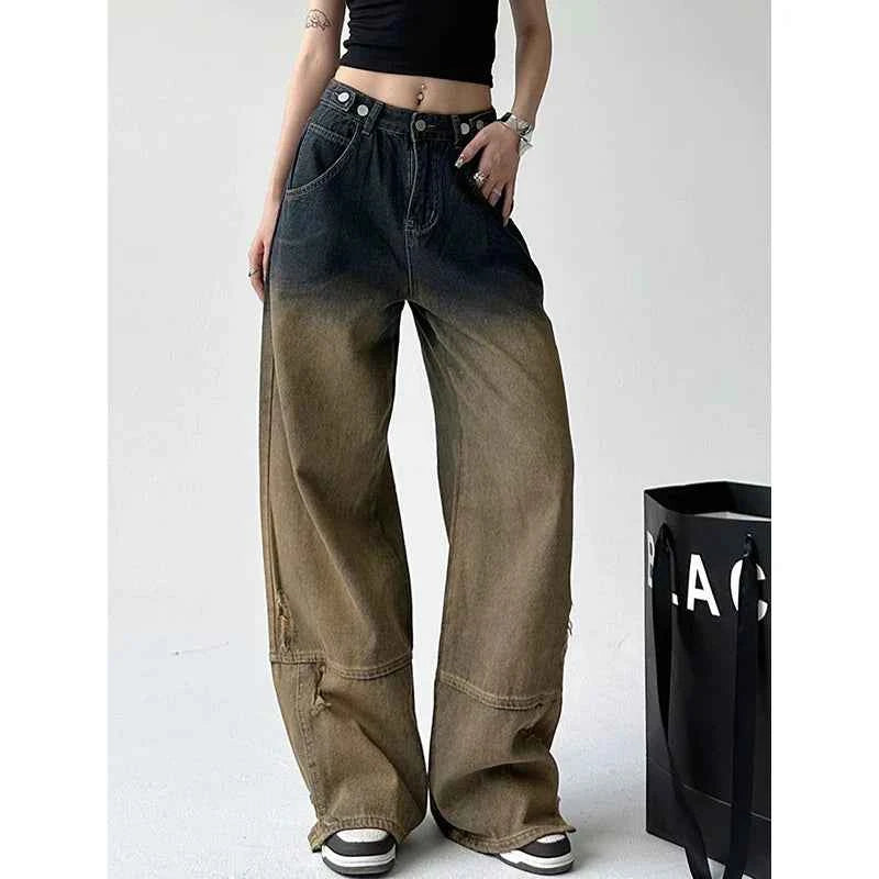 Women Rasty Gradient Color Loose High Waist Jeans