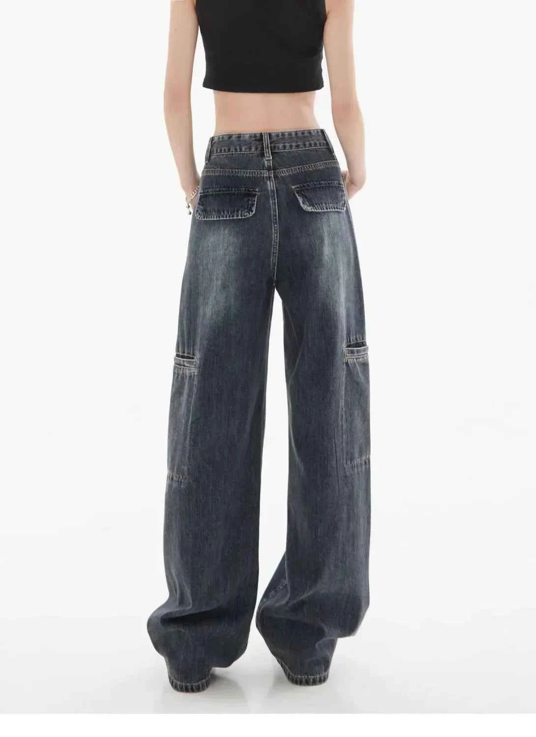 Women Vintage Washed Cargo Wide Leg Jeans