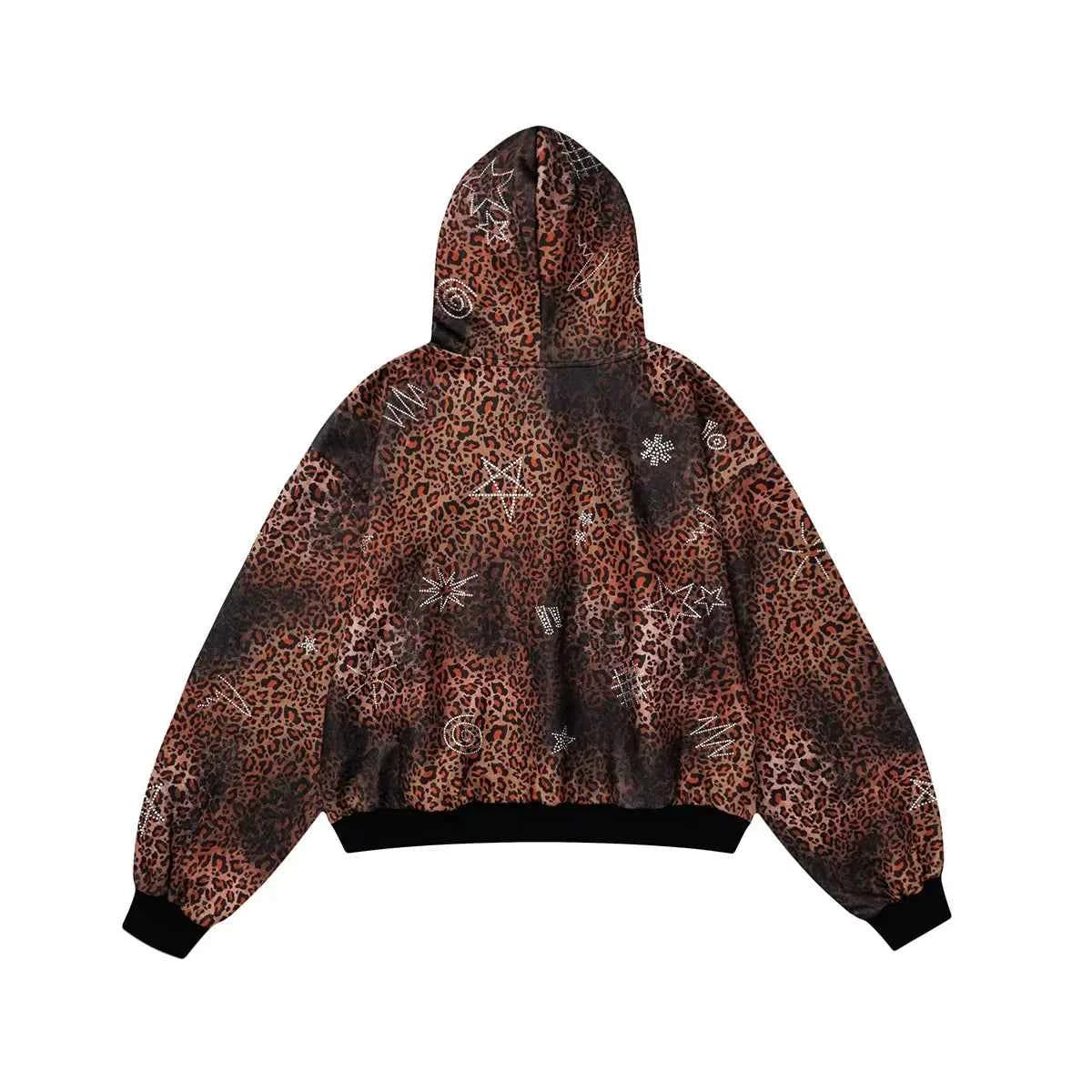 Insulated Leopard Rhinestone Zip-Up Hooded Sweatshirt