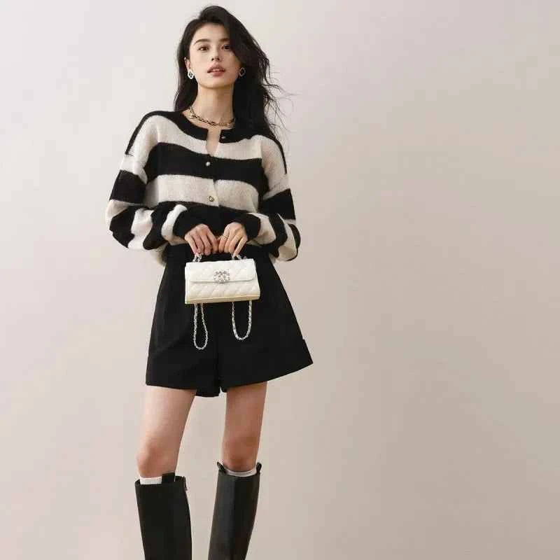 Handesome French Style Striped Spliced Cardigan