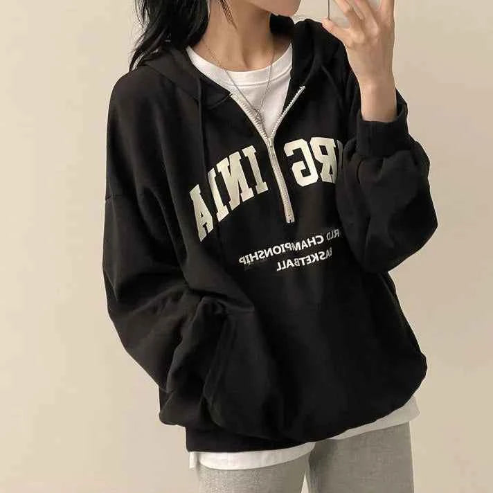 Cozy Zip-Up Letter Print Half Zipper Hoodie
