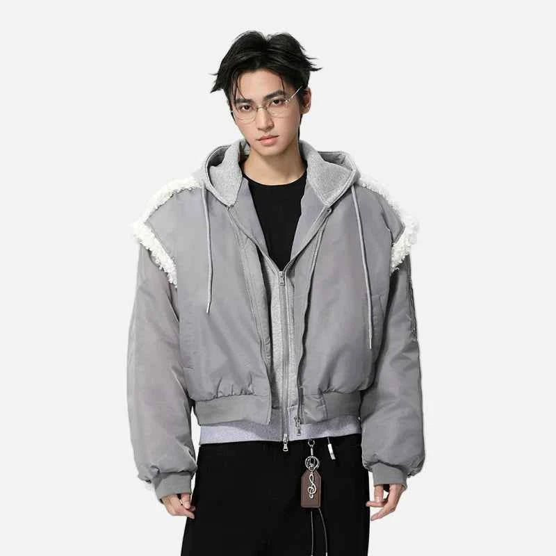 Stylish Patchwork Frayed Hooded Baseball Jacket