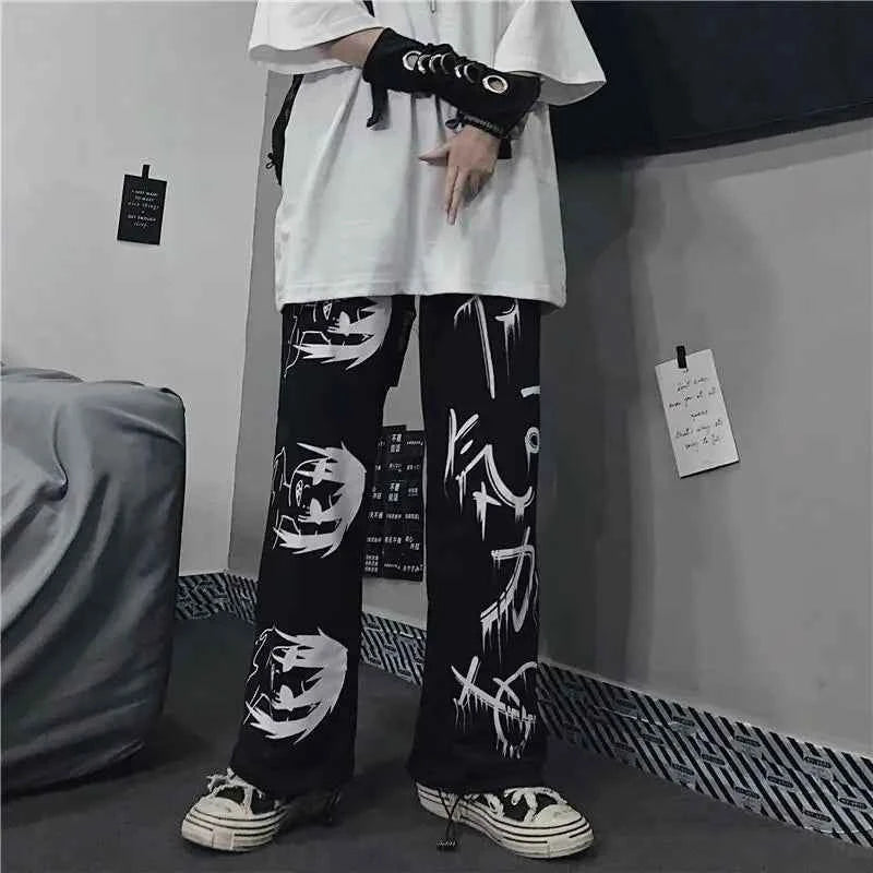 Y2K Japanese Anime Printed Black Pants