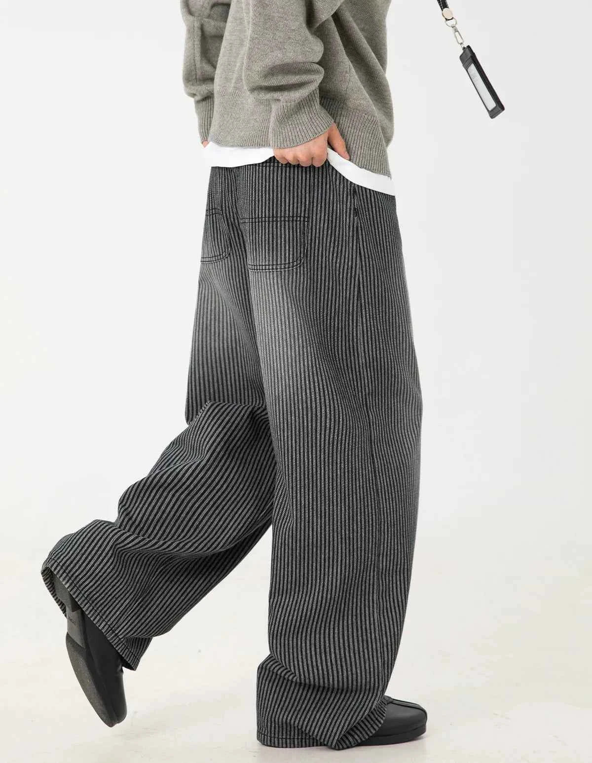 Streetwear Washed Relaxed Fit Striped Straight Leg Jeans