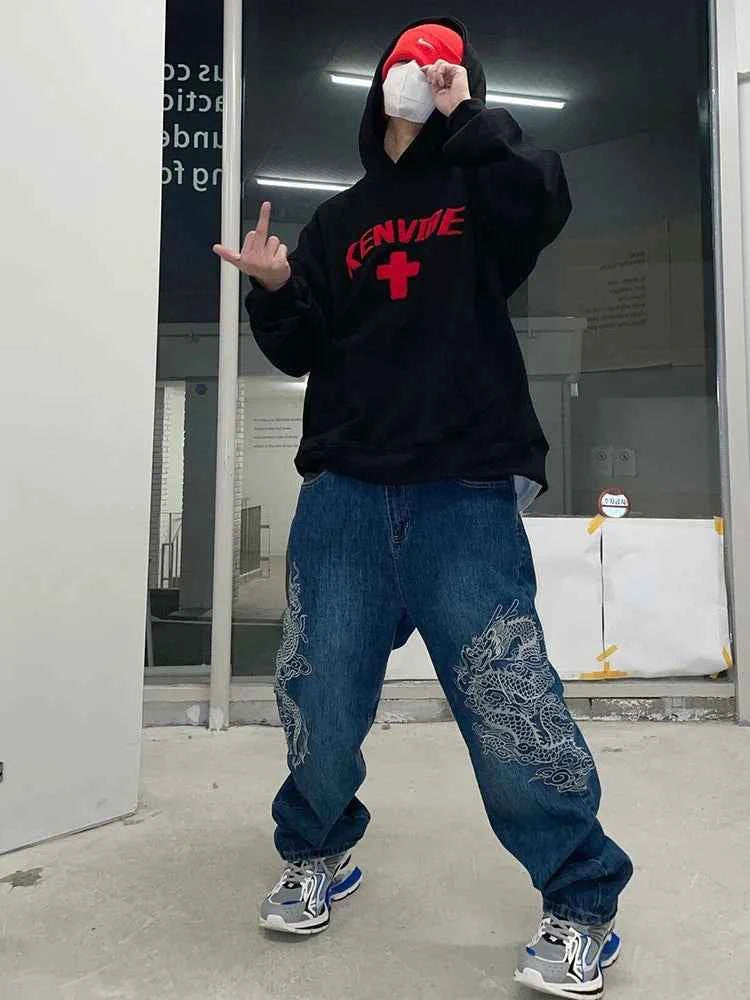 Dragon Embroidered Baggy Blue Wash Jeans
