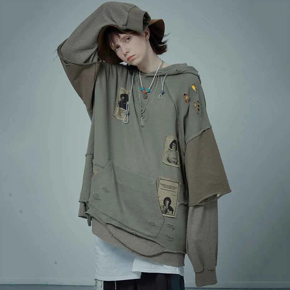 Broken Patchwork Oversized Hip Hop Hoodie
