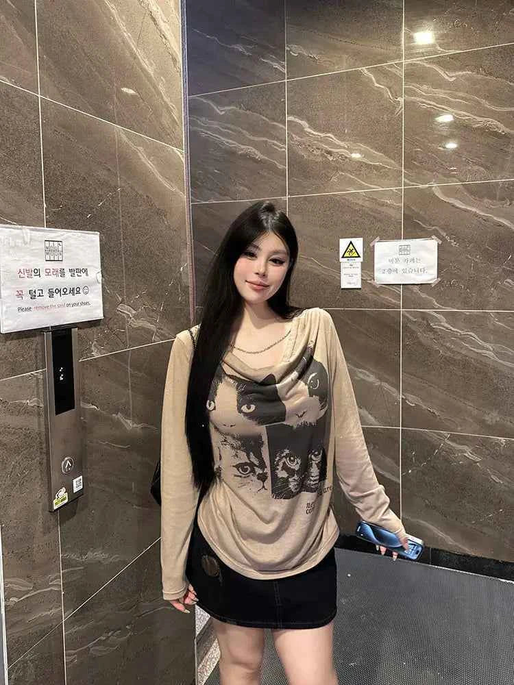 Cat Graphic Print Long Sleeve T-Shirt