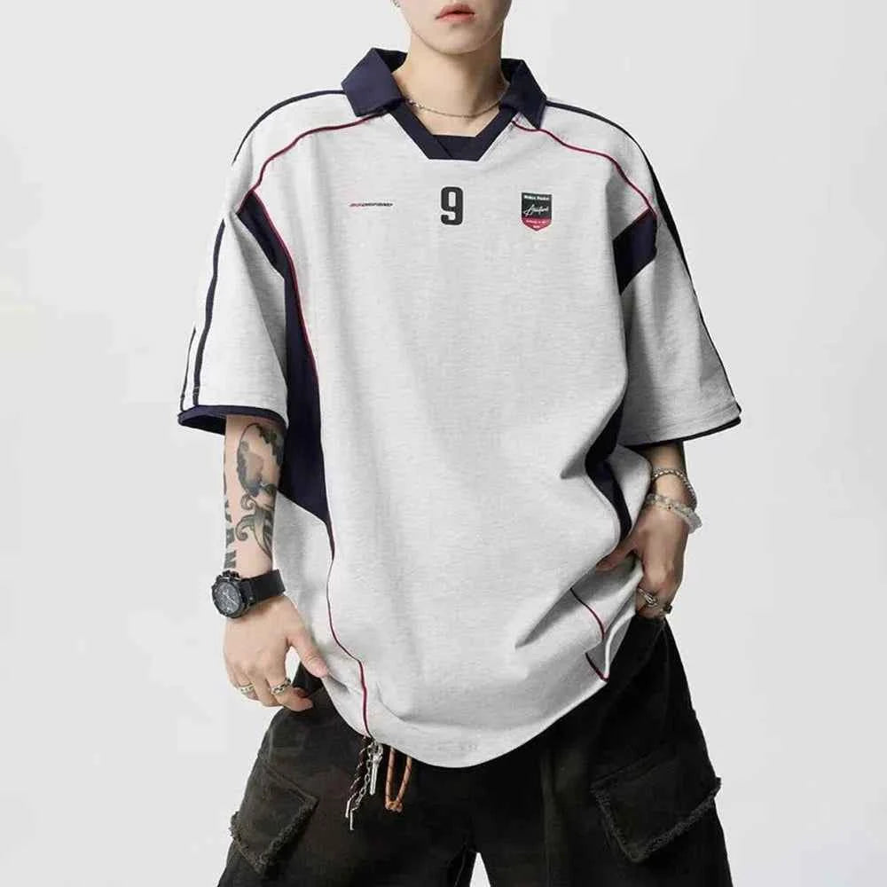 Letter Print Patchwork Retro Trend Polo T-Shirt