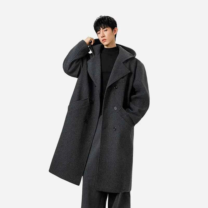 Stylish Double Breasted Wool Hooded Suit Coat