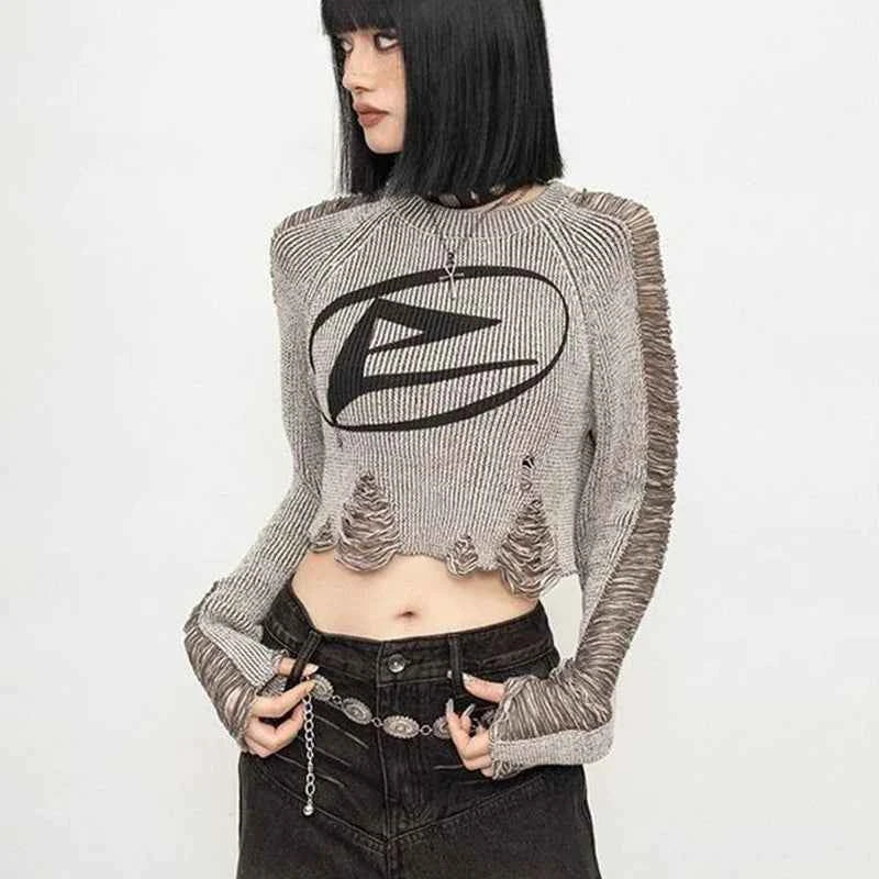 Vintage Distressed Cropped Long Sleeve Sweater