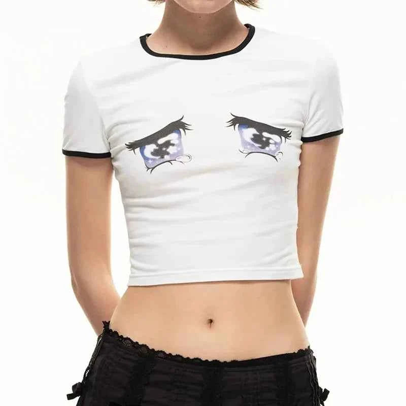 Watery Eyes Print Cartoon Crop T-Shirt