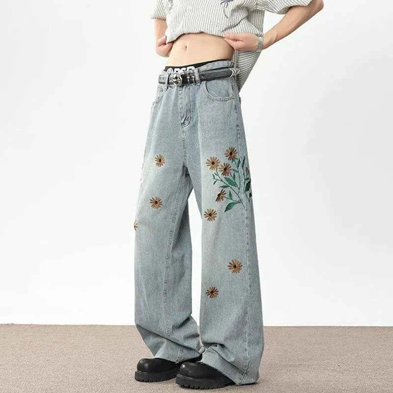 Handsome Embroidered Wide Leg Denim Jeans