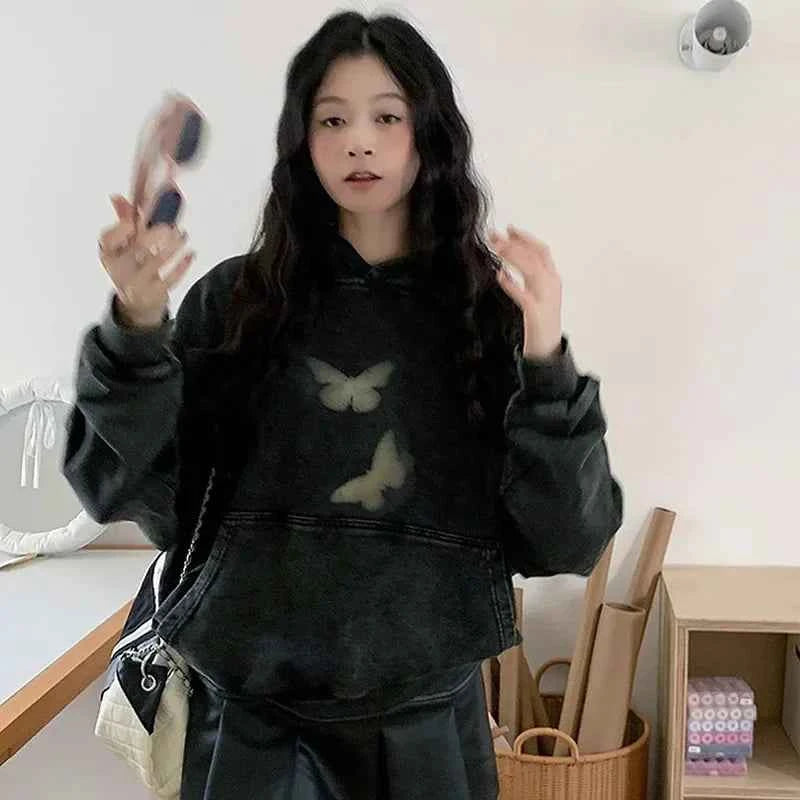Butterfly Print Washed Black Oversized Hoodie