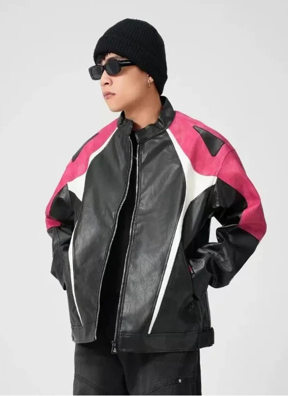 Y2K Windproof Loose Casual PU Leather Race Jacket - Luxuryurbanwear