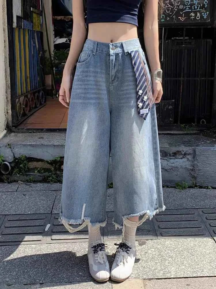 Y2K Patchwork Tie Distressed Denim Jorts
