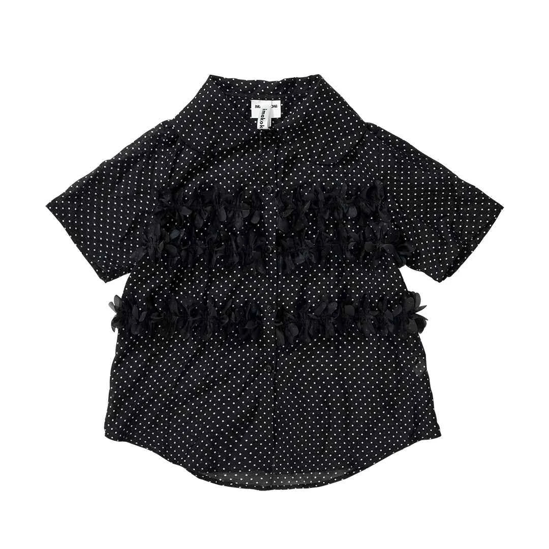 Women Black Polka Dot Lapel Short Sleeve Shirt