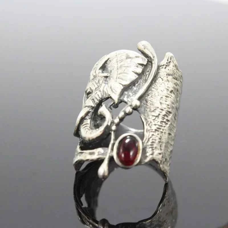 Exaggerated Vintage African Elephant Red Stone Rings