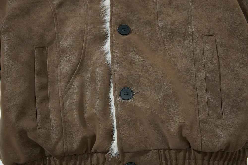 Retro Spliced Turn Down Collar Fur Leather Jacket