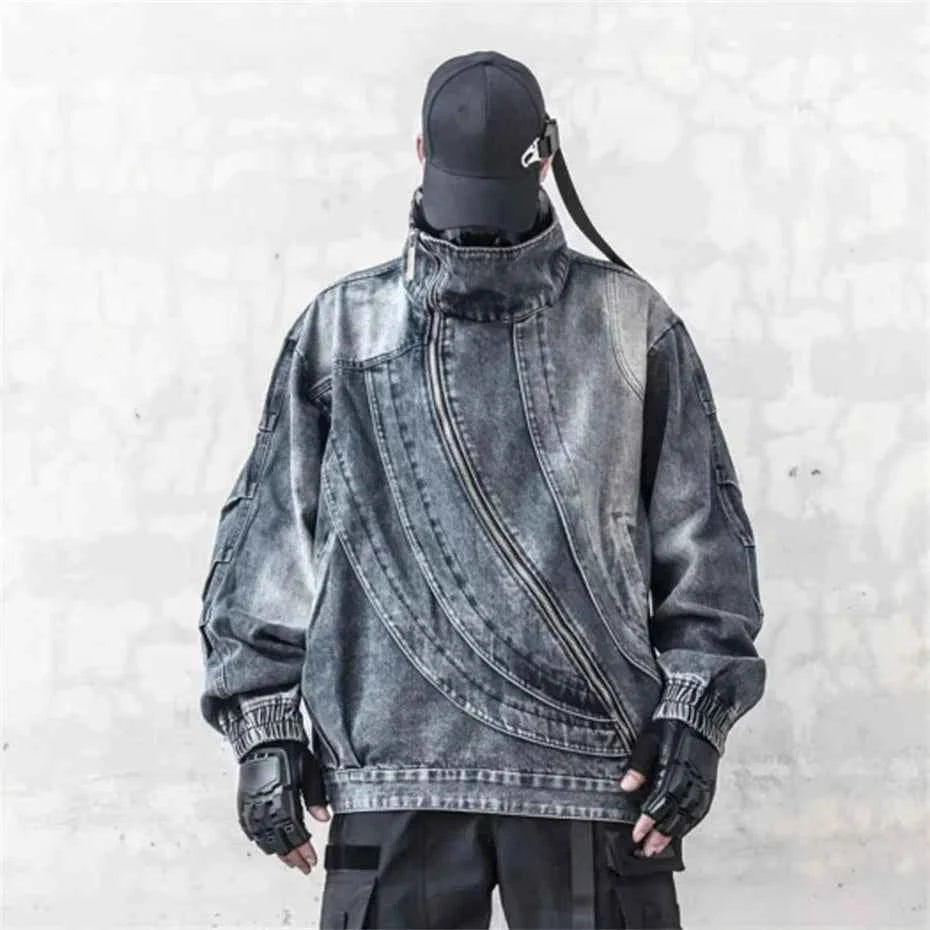 Blue Irregular Zipper Denim Jacket